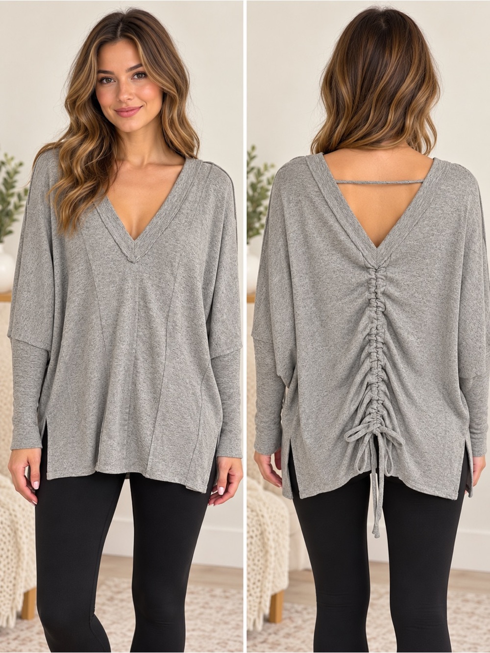 169 Umgee Gray V-Neck Pullover with Ruched Back Detail Size Medium